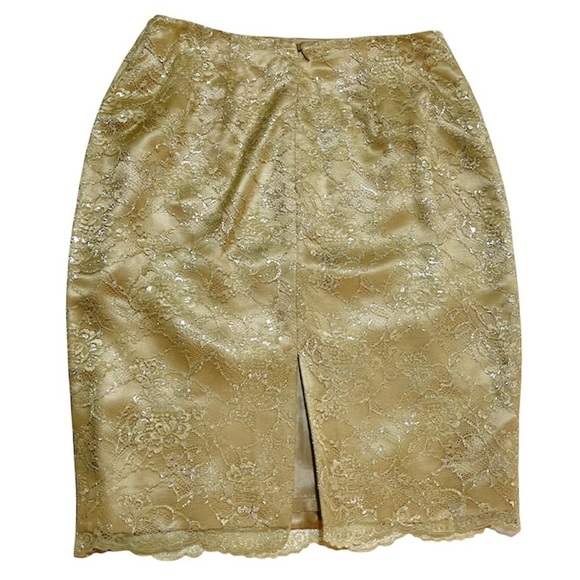 Kate Hill Women’s Gold Lace Pencil Skirt back Slit Sz 6 Lined - Picture 2 of 11